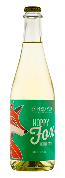 Bottle of Hoppy Fox Hopped Cider by Red Fox Cider on a white background