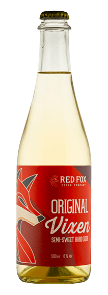 Bottle of Original Vixen Semi-Sweet Hard Cider by Red Fox Cider on a white background