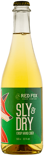 Bottle of Sly & Dry Crisp Hard Cider by Red Fox Cider on a white background