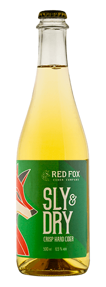 Bottle of Sly & Dry Crisp Hard Cider by Red Fox Cider on a white background