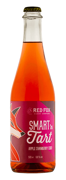 Bottle of Smart 'n Tart Apple Cranberry Cider by Red Fox Cider on a white background