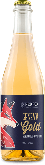 Bottle of Geneva Gold Geneva Crab Apple Cider by Red Fox Cider on a white background