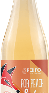 Bottle of Peach Sakes Peach Ginger Cider by Red Fox Cider on a white background