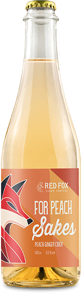 Bottle of Peach Sakes Peach Ginger Cider by Red Fox Cider on a white background