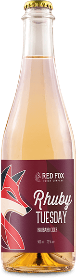Bottle of Rhuby Tuesday Rhubarb Cider by Red Fox Cider on a white background